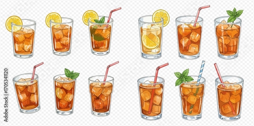 An assortment of twelve refreshing iced tea drinks in clear glasses, complete with ice, lemon slices, mint sprigs, and colorful straws, isolated on a transparent background.