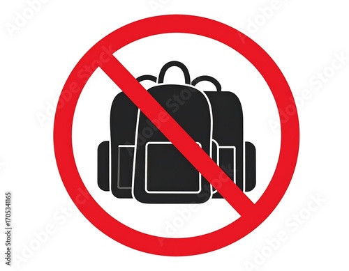 Prohibited backpacks. A red circle with a diagonal slash through it contains black silhouettes of backpacks