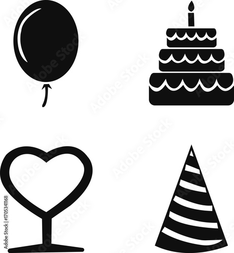 PrintBirthday Celebration icons, Celebration and party silhouette icon set filled style festive, event, and birthday symbols for joyful occasions: balloon, cake, gift, Party, and Festive