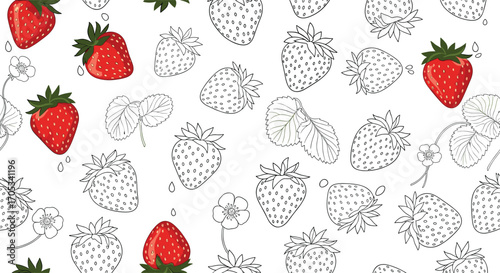 A vibrant pattern featuring fresh red strawberries interspersed with delicate line drawings of the fruit.