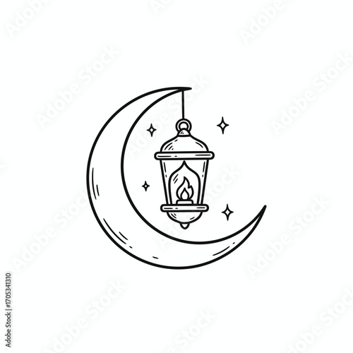 Crescent moon and hanging lantern, a simple line drawing evoking Ramadan or Islamic culture.
