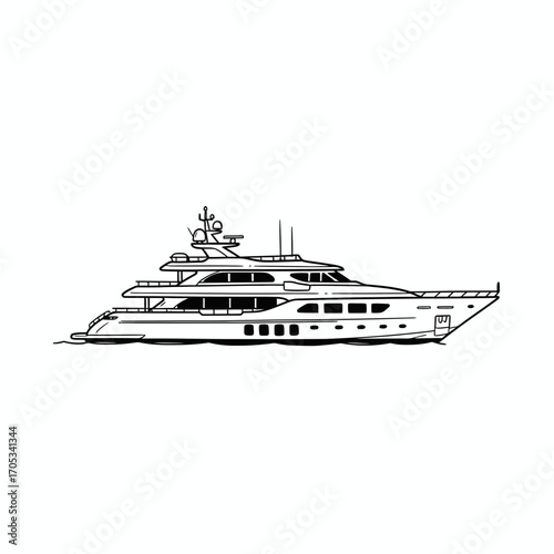 A detailed line drawing of a large, multi-decked yacht floating on the water.