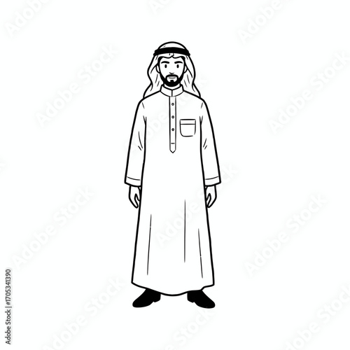 Line drawing of a man in traditional Arab clothing, standing with a calm expression.
