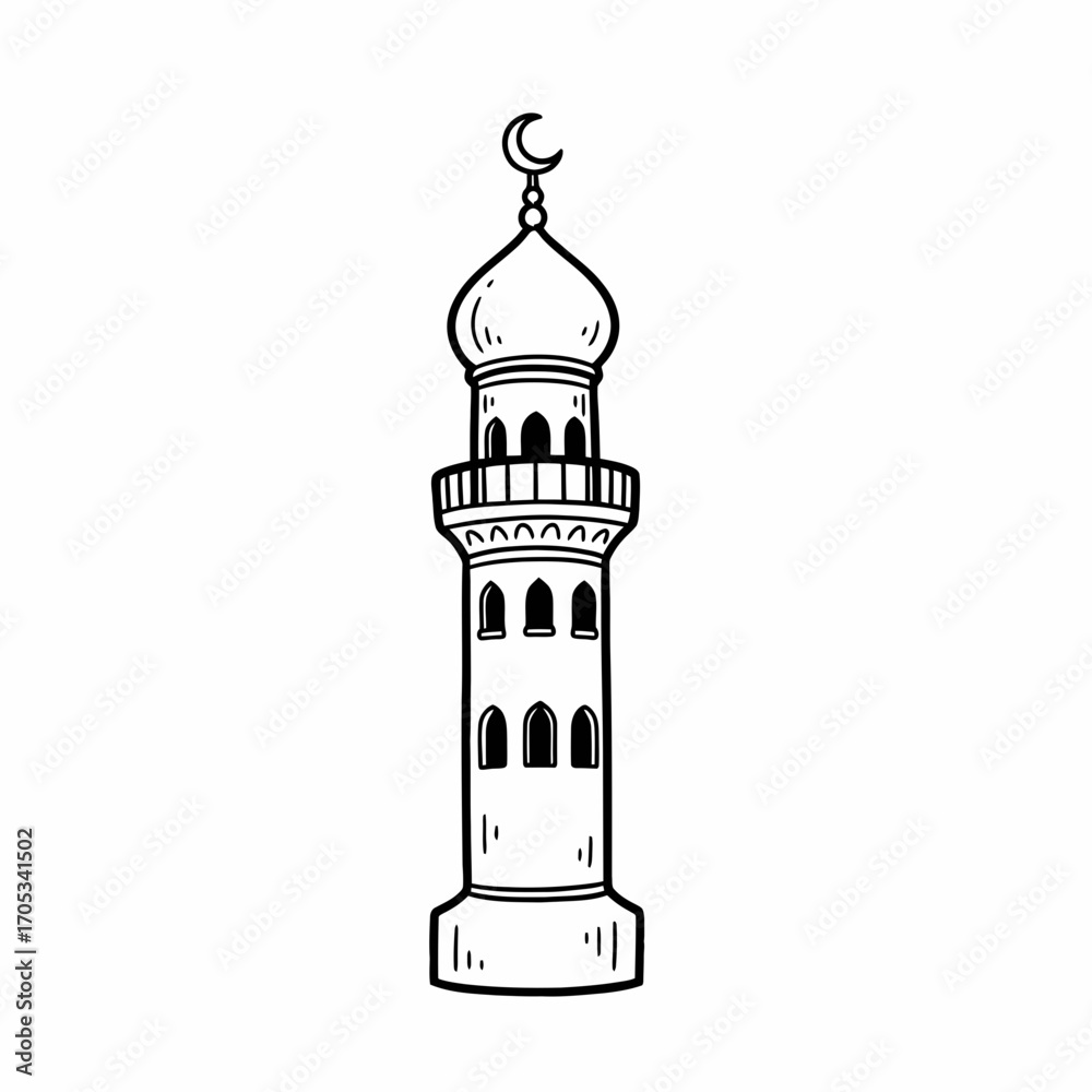 Obraz premium Illustration of a minaret with a crescent moon on top, depicted in a simple black and white line drawing style.
