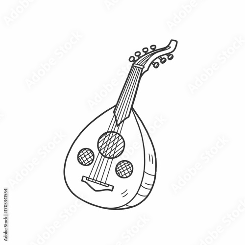 Simple line drawing of an oud, a traditional Middle Eastern stringed instrument.