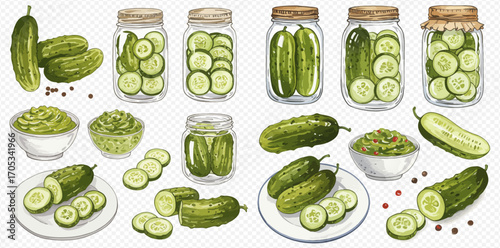A collection of fresh whole and sliced cucumbers, along with various jars of pickled cucumbers and bowls of green relish, illustrating different forms of this vegetable.