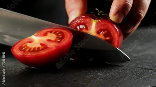 A dramatic close-up slow-motion shot of a sharp chef's knife cleanly slicing a ripe juicy red tomato in half on a dark slate cutting board.