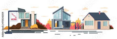 Real estate market crisis falling house prices modern homes for sale sign downward graph autumn landscape residential property downturn