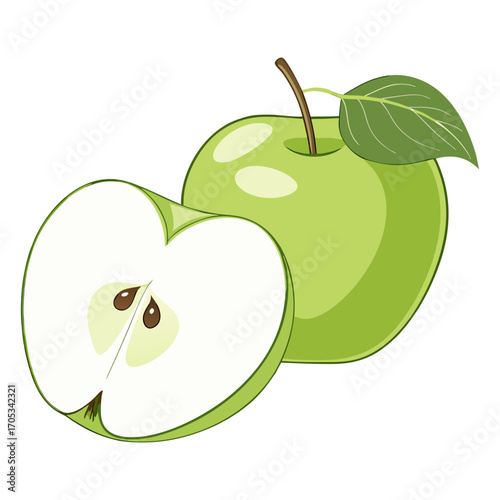 Fresh Green Apple with Leaf and Half Slice Illustration