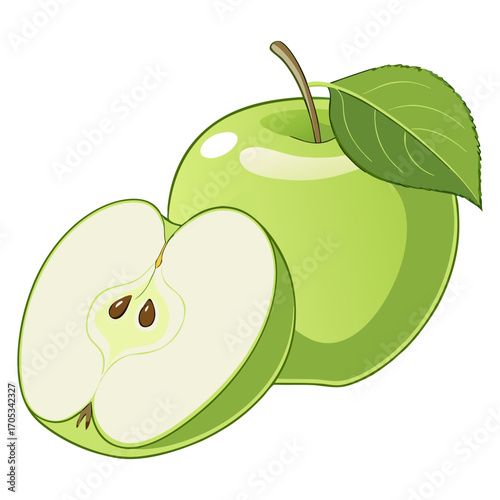 Fresh Green Apple with Leaf and Half Slice Illustration