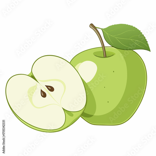 Fresh Green Apple with Leaf and Half Slice Illustration