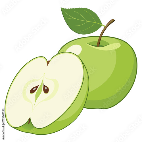 Fresh Green Apple with Leaf and Half Slice Illustration