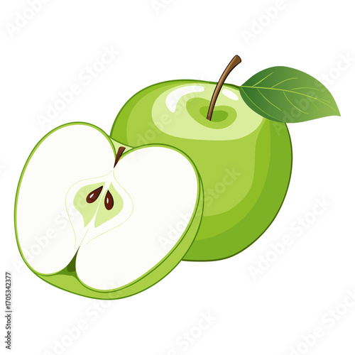 Fresh Green Apple with Leaf and Half Slice Illustration