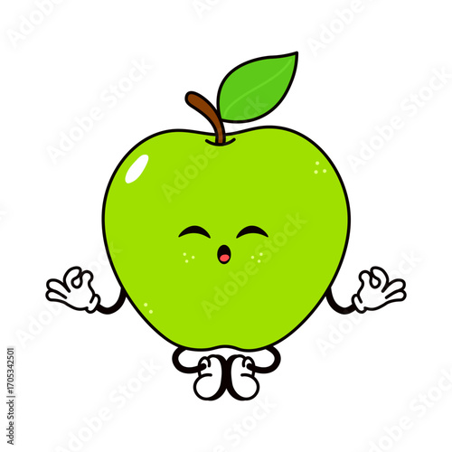 Cute green apple meditating in lotus position with a happy expression.