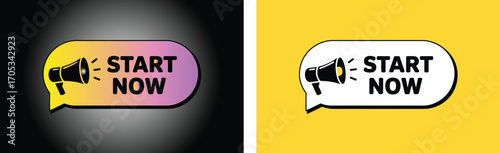 Start now message with megaphone icon on gradient and yellow background