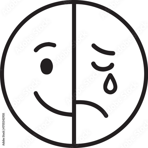 Dual Emotion: A simple yet poignant illustration of a face split in two, one half radiating happiness and joy, the other expressing sadness and tears, embodying the complex spectrum of human emotions.
