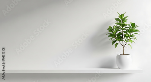 Minimalist Interior with Potted Plant on Shelf and White Wall Backdrop in Daylight