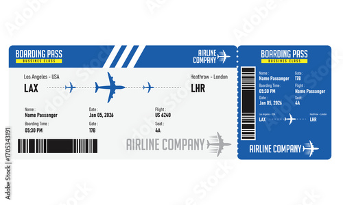A detailed vector illustration of a modern airline boarding pass with flight information and a barcode.