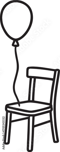 A Surreal Flight: A whimsical outline depicts a wooden chair, tethered to a floating balloon, offering a playful perspective on upward mobility and freedom.