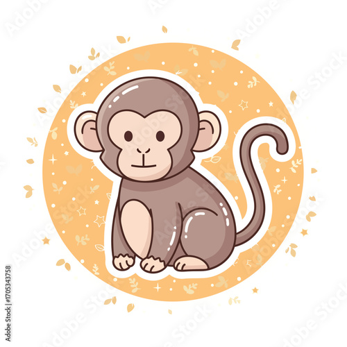 Whimsical drawing of a cute baby monkey with a friendly expression. Adorable kawaii primate character design, sitting within a decorative circle