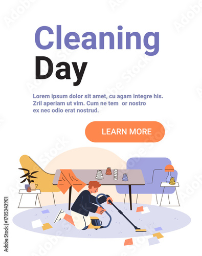 Man vacuuming carpet home cleaning living room modern furniture cozy interior scattered papers pastel colors website banner