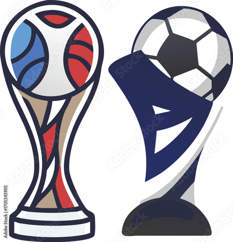 Two abstract soccer trophies with dynamic designs in red, blue, and dark blue trophy style vector illustration EPS file download
