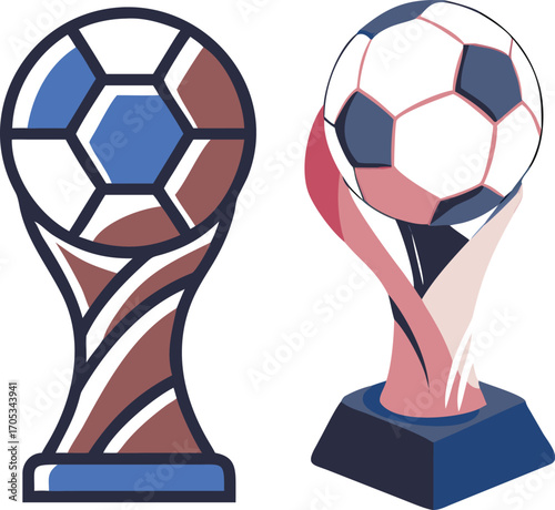 Two stylized soccer trophies side-by-side, one with abstract geometric patterns and the other with flowing lines, style vector illustration EPS file download