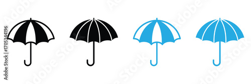 Set of umbrella icon flat vector illustration on white background. Umbrella line icon. Rain sign. Safe insurance symbol. Quality design element. Linear and fill style umbrella icon. Editable stroke.