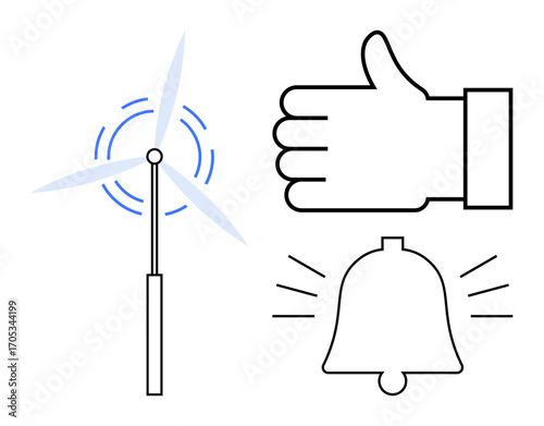 Wind turbine spinning, thumbs-up symbol, and ringing bell representing renewable energy, approval, alerts, notifications, environmental action, eco-friendly choices, and a simple landing page