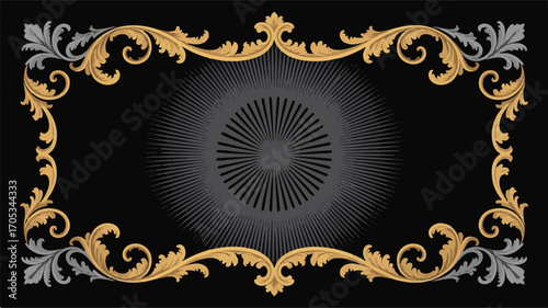 Ornate Golden and Silver Scrollwork Frame Surrounding a Starburst Motif on Black Background