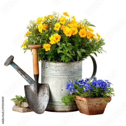 Gardening tools and flowers isolated on transparent background cutout