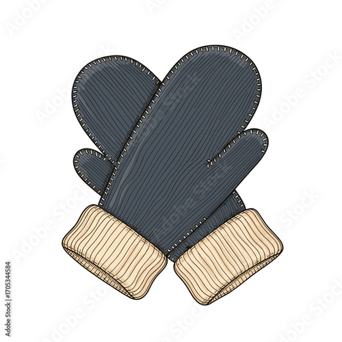 Knitted winter mittens in dark gray with beige cuffs illustration