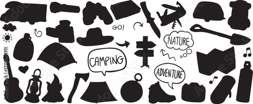 camping silhouette vector, adventure doodle icons, outdoor camping design, backpack hiking silhouette, camp fire doodle, tent camping artwork, camping gear outline, forest camping shadow, travel campi
