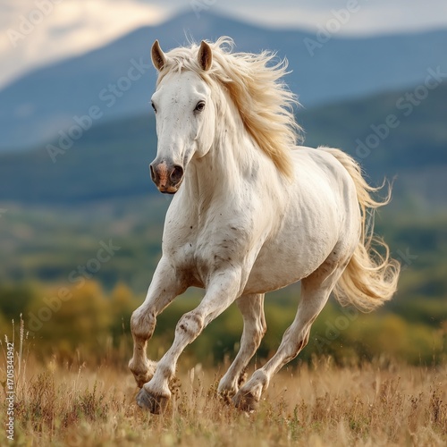A white horse is galloping in the meadow
