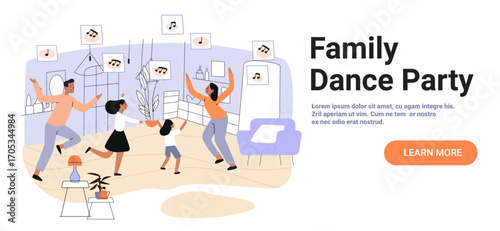 Family dance party living room celebration parents children dancing together music notes modern home interior pastel colors website banner