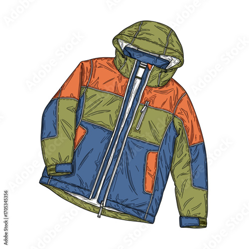 Colorful winter jacket with hood in cartoon illustration style
