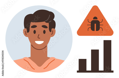 Smiling individual in a circle frame next to an orange bug warning sign and a rising bar chart. Ideal for cybersecurity, tech issues, data analysis, user feedback, IT solutions, problem solving