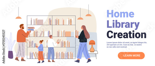 Home library family reading bookshelf organization modern interior people arranging books cozy living room decor pastel colors web banner