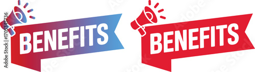 Two bright red and blue banners displaying the word benefits