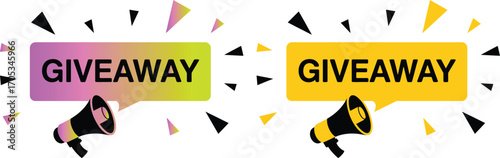 Two megaphone icons announcing a giveaway with colorful confetti