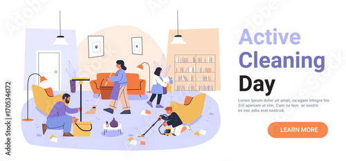 Family cleaning house teamwork household chores people vacuuming mopping spraying tidy living room modern furniture cozy interior pastel colors website banner