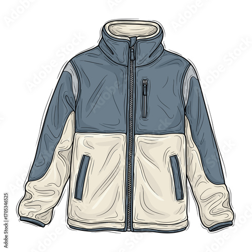 Two-tone fleece winter jacket in blue and beige illustration