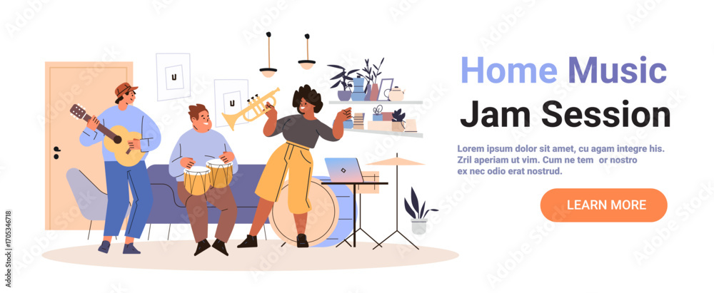 Fototapeta premium Home music jam session friends playing instruments together in cozy living room with plants shelves sofa laptop drums modern interior