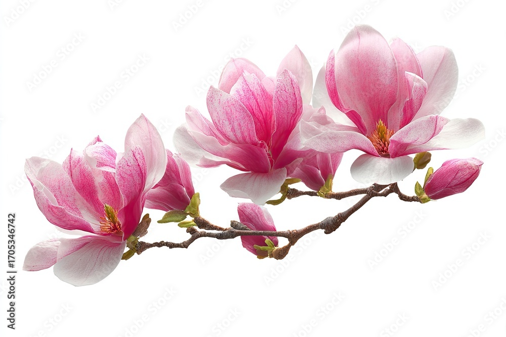 Fototapeta premium Delicate pink magnolia blossoms on a branch against a white background