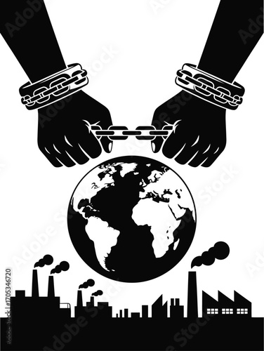 Chains binding hands over planet earth and industrial pollution