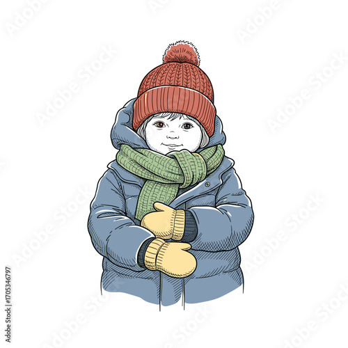 Child in winter coat with hat, scarf, and mittens illustration