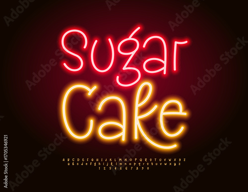 Vector Electric signboard Sugar Cake with Playful Neon Font. Glowing set of Alphabet Letters and Numbers