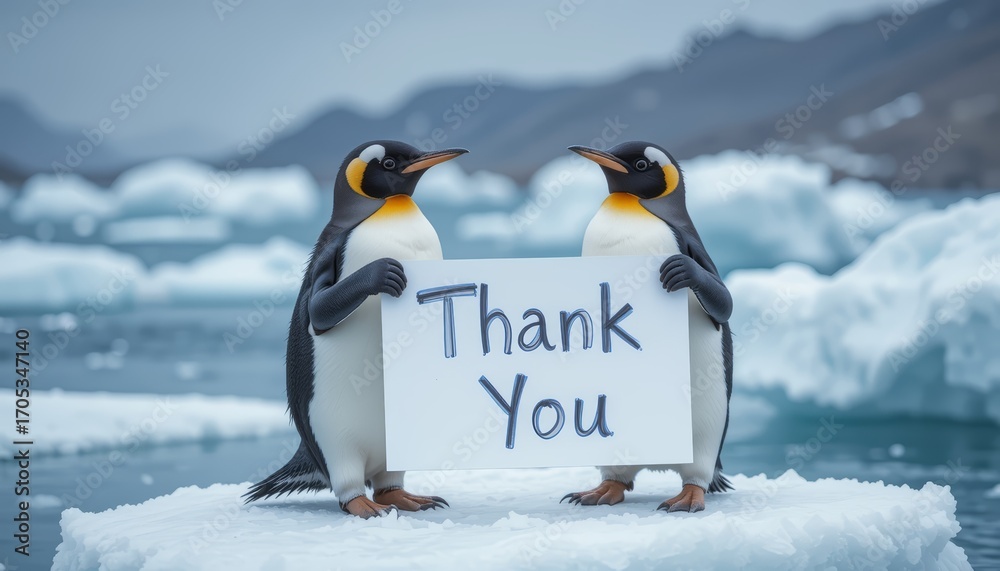 Fototapeta premium Two emperor penguins hold a sign that says 'Thank You' on an ice floe in a cold, icy environment. The background features a blurred landscape of ice and mountains.