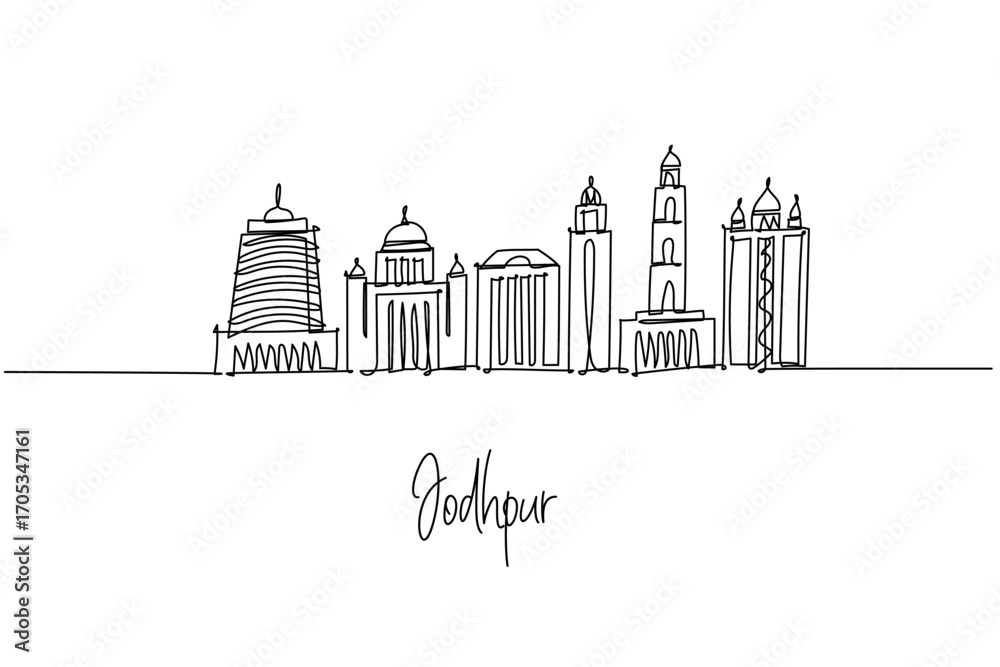 Naklejka premium single line drawing of Jodhpur city skyline highlighting Rajasthan desert heritage architecture, a minimalist art concept themed to the Blue City with Mehrangarh Fort palaces domes gates and towers.