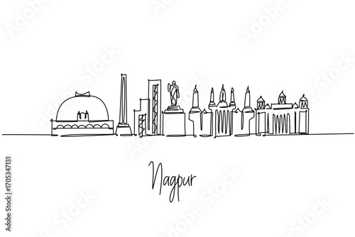 single line drawing of Nagpur city skyline displaying Maharashtra landmarks temples and structures, a minimalist art concept themed to the orange city with stupas statues spires and civic halls.